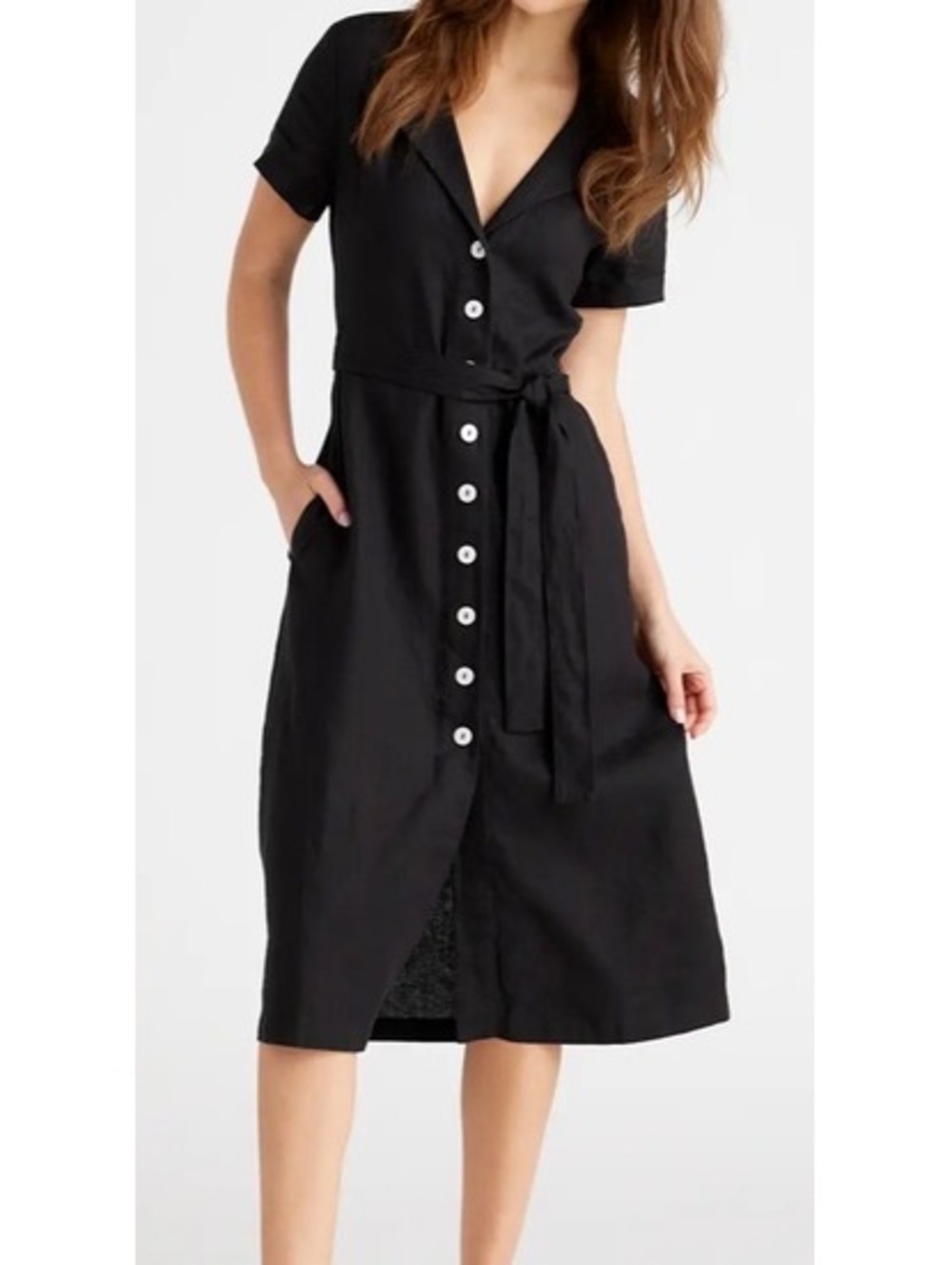 Quince organic linen black button up knee length dress